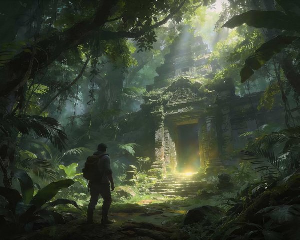 Man with backpack at ancient glowing temple in jungle
