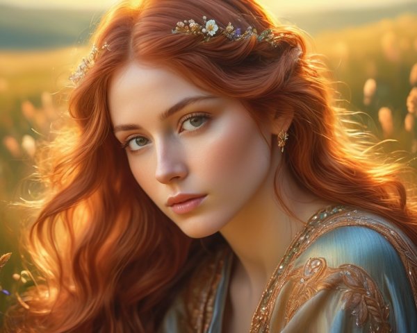 Young woman with red hair in a sunlit field