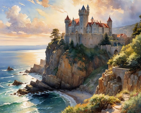 Castle on Cliff Overlooking Sunset Sea and Greenery