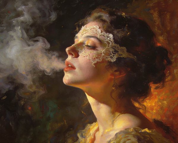 Side Profile of Woman with Lace Mask and Smoke