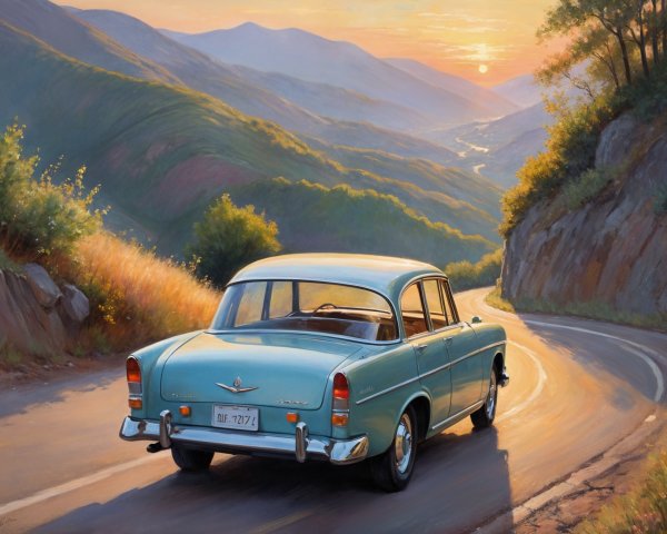 Vintage Turquoise Car on Scenic Sunset Road