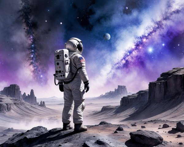 Astronaut on Rocky Landscape Under Colorful Galaxy