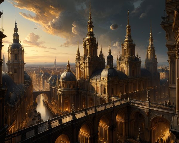 Cityscape with Ornate Architecture and Dramatic Sky