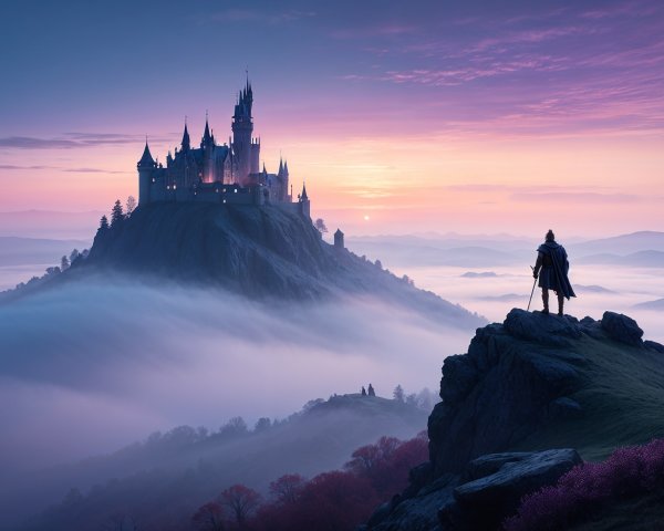 Lone Figure Overlooks Misty Castle on Rocky Outcrop