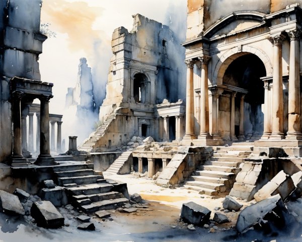 Watercolor Artwork of Ancient Ruins and Columns