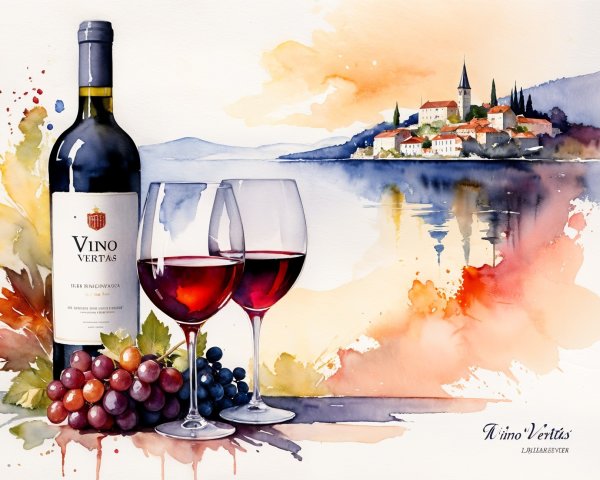 Watercolor Wine Scene with Grapes and Scenic Landscape