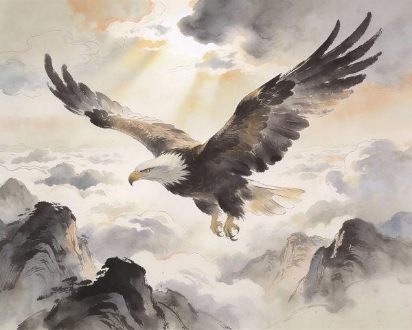 Ink Painting of Eagle Soaring Over Mountain Landscape
