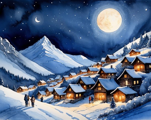 Winter Night Scene of a Snow-Covered Village