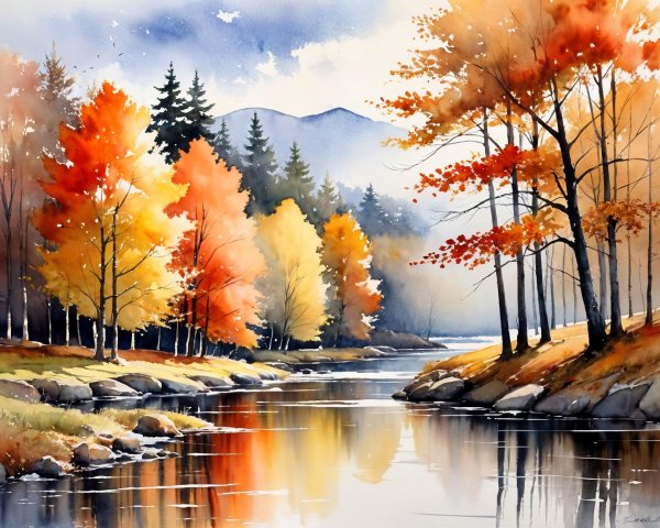 Serene Autumn Landscape with River and Mountains