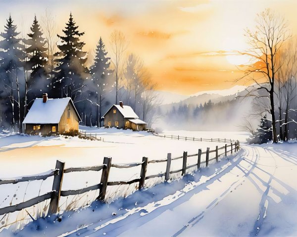 Watercolor of a winter landscape with illuminated houses