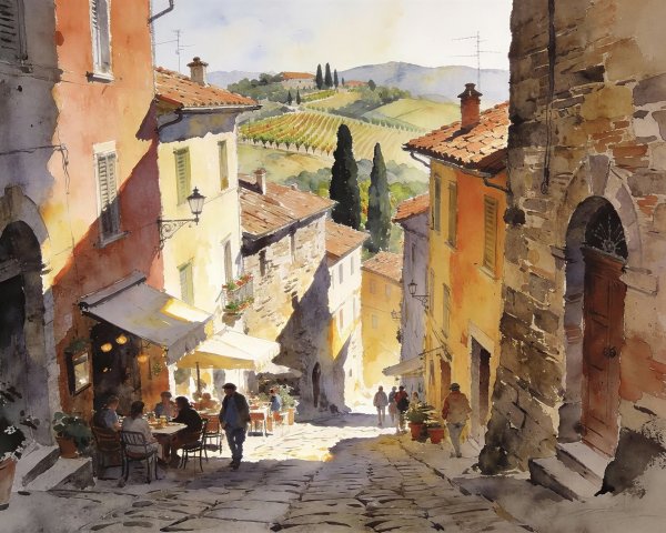 Watercolor Painting of a European Village Street Scene