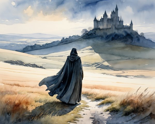 Cloaked Figure Observing Distant Castle Landscape
