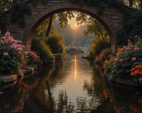 Serene garden at sunset with stone arch and flowers