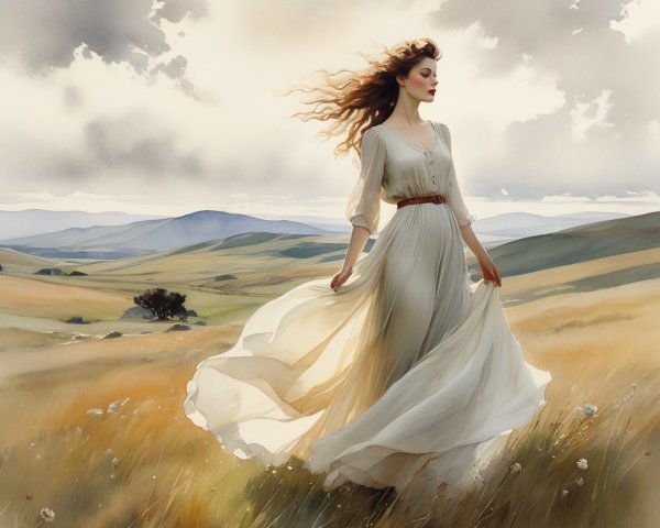 Woman in Light Dress in Golden Field Landscape