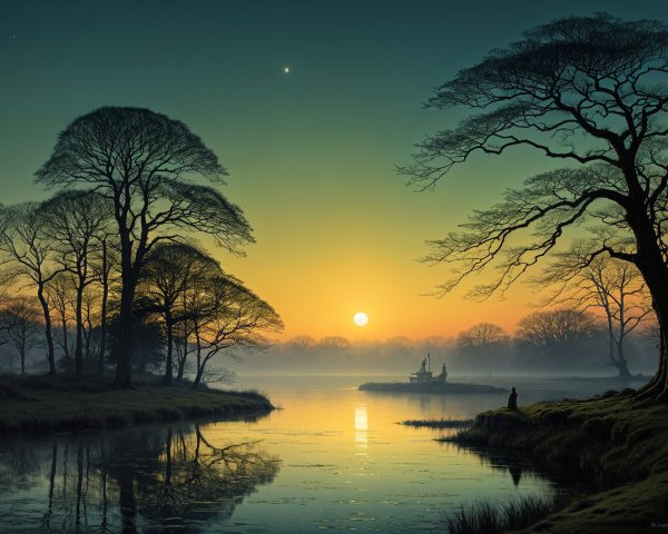 Tranquil River Scene at Sunrise with Mist and Trees