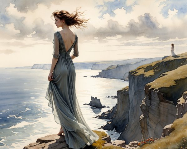 Woman in flowing dress on cliff overlooking ocean