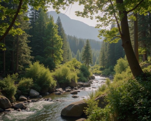 Serene River in Lush Green Forest Landscape
