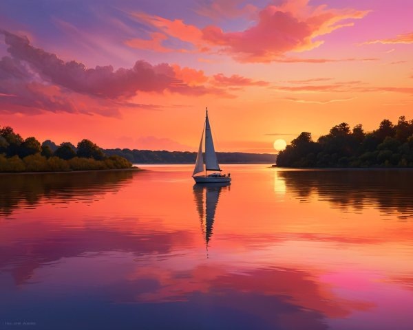 Vibrant Sunset Over Calm Water with Sailboat