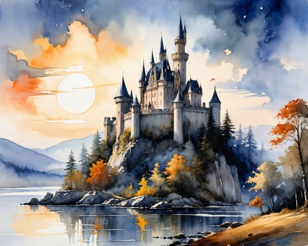 Majestic castle overlooking serene waters at sunset