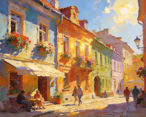 Impressionist Oil Painting of a European Street Scene