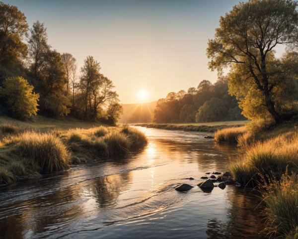 Serene River Landscape at Sunrise with Lush Greenery