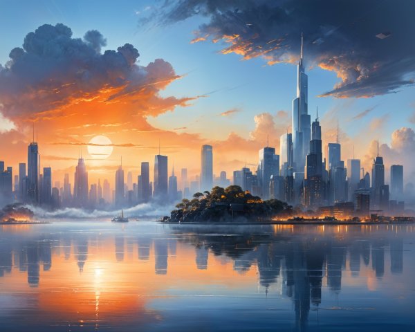 City Skyline at Sunset with Reflections and Clouds