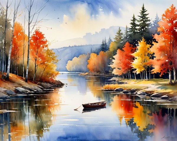 Watercolor Landscape of Autumn River and Trees