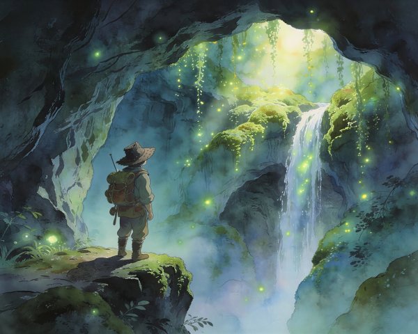 Lone Traveler at Bioluminescent Waterfall in Cavern