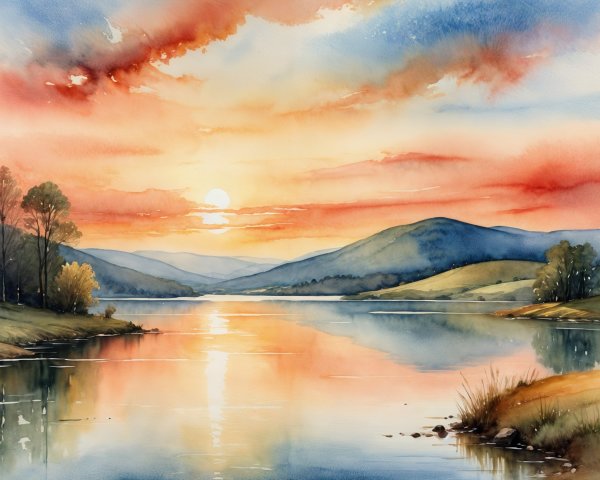 Watercolor Landscape of Tranquil Lake at Sunset