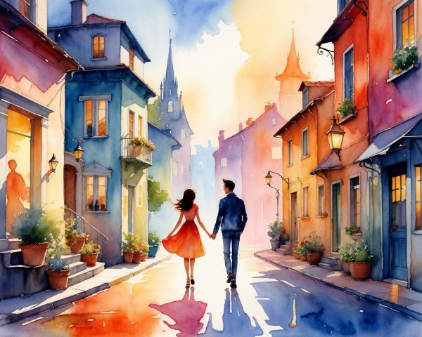 Watercolor Scene of Charming Sunset Street with Couples