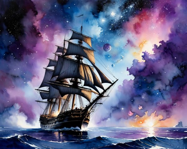 Majestic sailing ship in vibrant cosmic waters