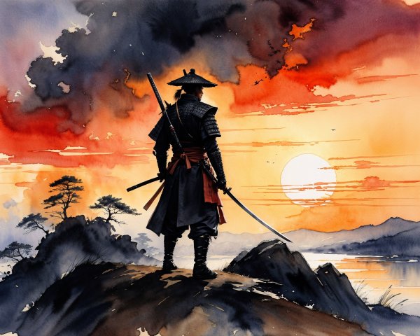 Lone Samurai Silhouetted Against Vibrant Sunset