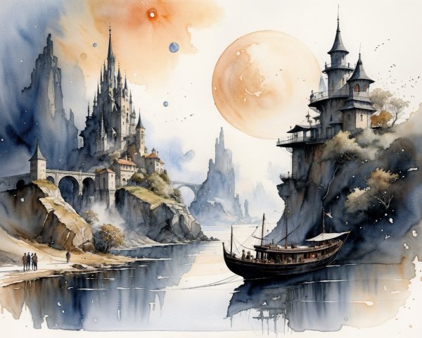 Majestic Castle Landscape with River and Mist