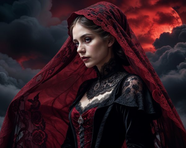 Mysterious Figure in Velvet Dress with Crimson Moon