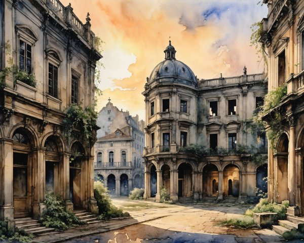 Watercolor of an Abandoned Urban Courtyard at Sunset