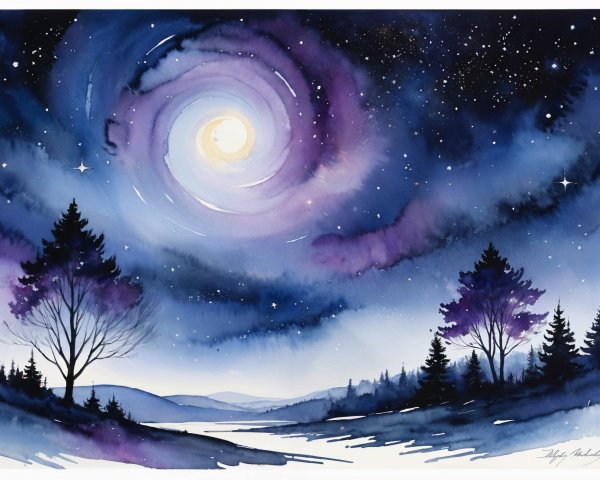 Serene Night Scene with Galaxy and Moonlit Landscape