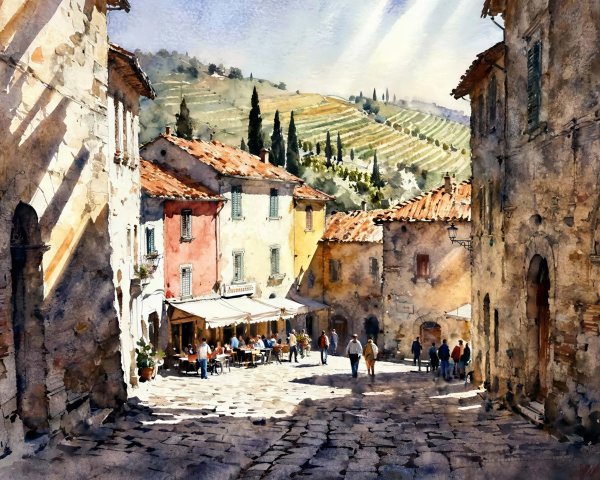 Vibrant Watercolor of Italian Town Square Scene