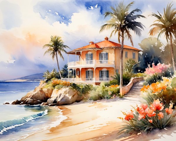 Watercolor Beach Scene with Villa and Vibrant Flowers