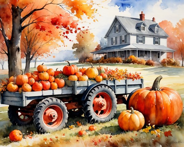 Rural Scene with Pumpkins and Autumn Foliage