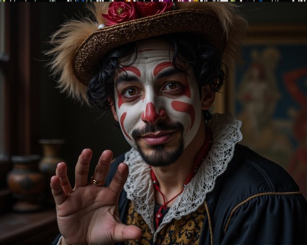 Whimsical Clown with Colorful Face Paint and Costume
