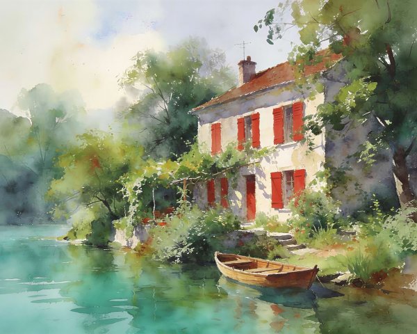 Watercolor Painting of House by Tranquil River