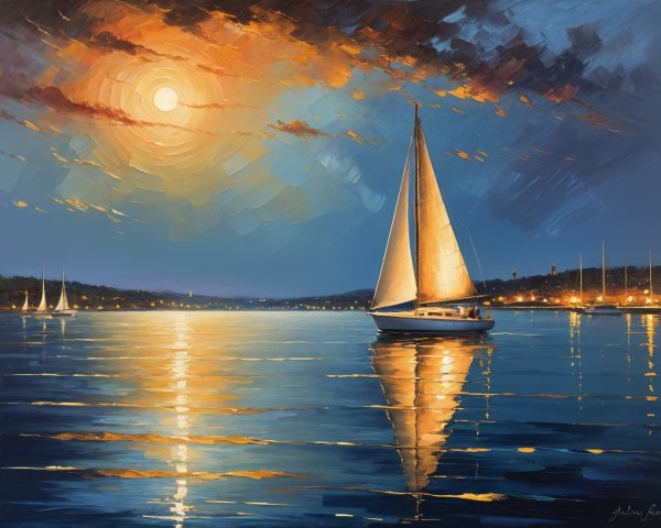 Serene Seascape at Dusk with Sailboat and Reflections