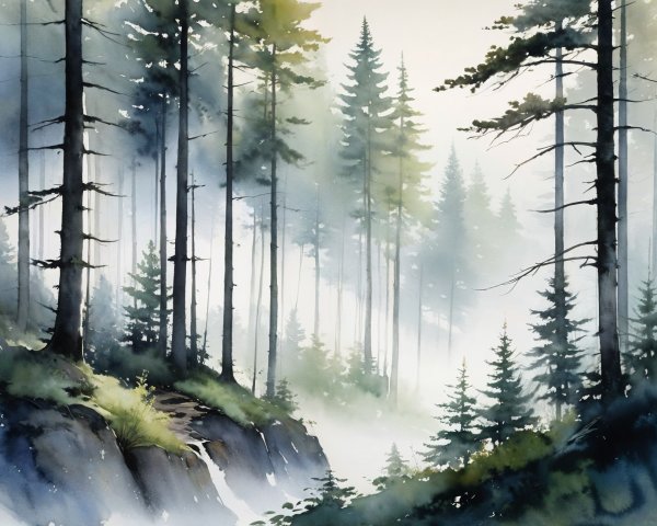 Serene Forest Scene with Misty Light and Tall Trees