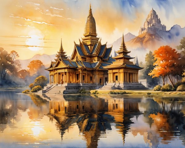Golden Temple by Serene Lake with Autumn Foliage