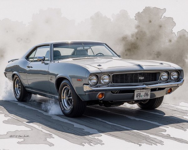 Classic Muscle Car with Silver Finish and Retro Charm