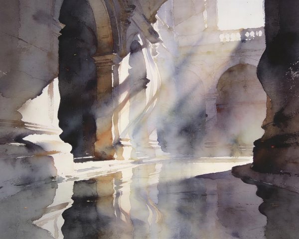 Watercolor Painting of Light in a Columned Hall