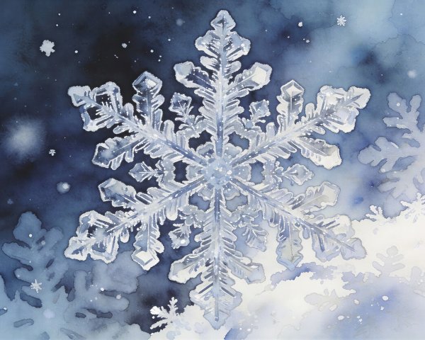 Watercolor Painting of White Snowflake on Blue Background