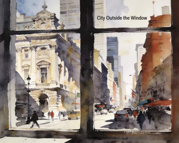 Watercolor City View Through a Window with Street Scene
