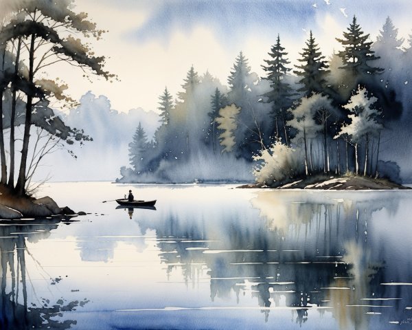 Watercolor Landscape of a Boat on a Tranquil Lake