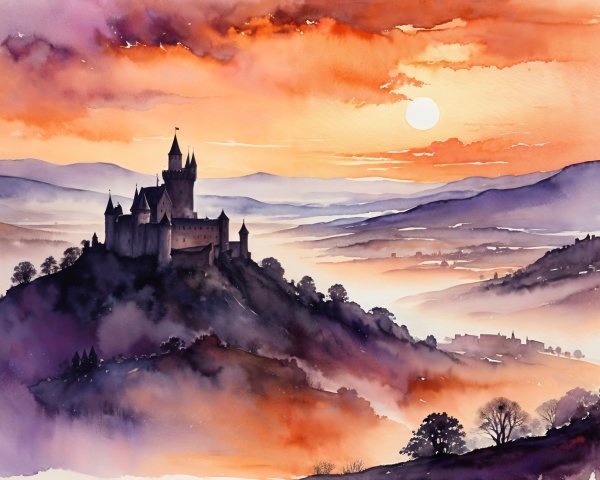 Majestic castle at sunset with vibrant sky and hills